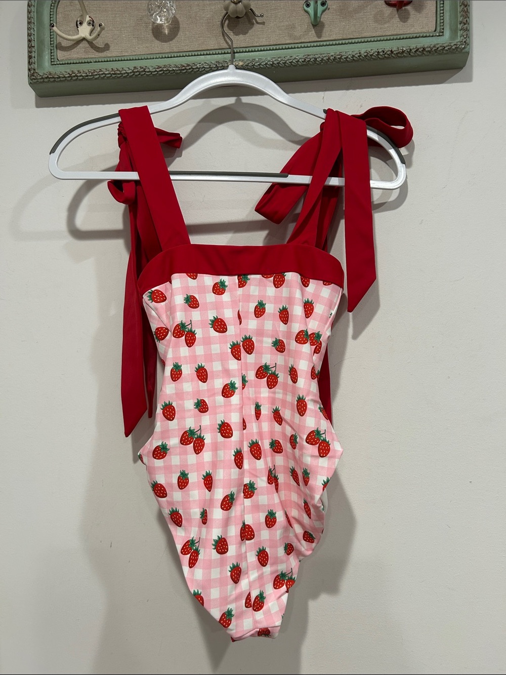 Dolls Kill Red Pink Strawberry Gingham One-Piece bow strap Swimsuit women’s xxs - Picture 7 of 8